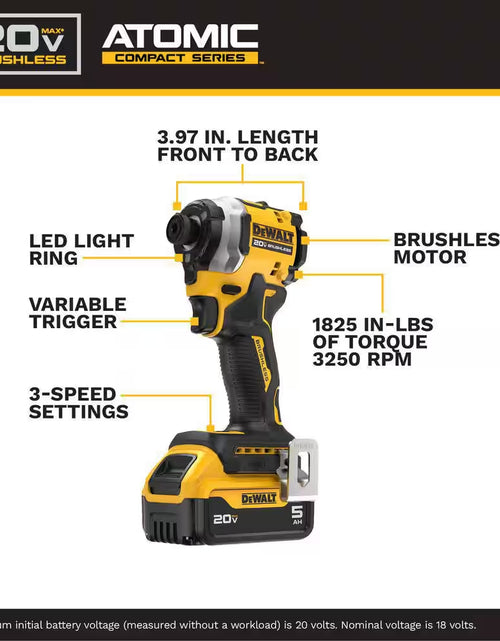 Load image into Gallery viewer, ATOMIC 20V MAX Lithium-Ion Cordless 1/4 In. Brushless Impact Driver Kit, 5 Ah Battery, Charger, and Bag
