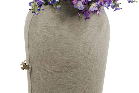 Grey SandStone 50-Gallon Plastic Urn Rain Barrel with Planter Top