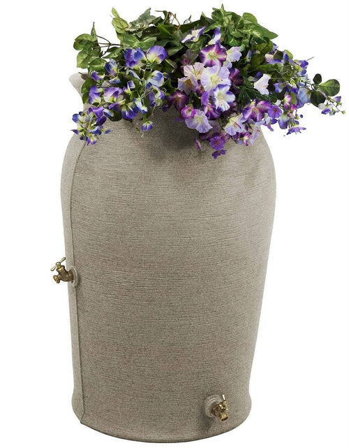 Load image into Gallery viewer, Grey SandStone 50-Gallon Plastic Urn Rain Barrel with Planter Top
