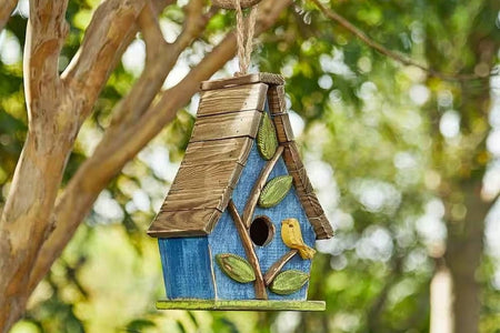 Farmhouse Solid Wood Hanging Birdhouse in Blue Green Yellow Brown