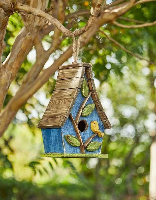 Load image into Gallery viewer, Farmhouse Solid Wood Hanging Birdhouse in Blue Green Yellow Brown
