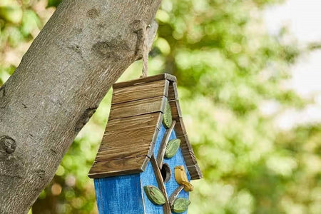 Farmhouse Solid Wood Hanging Birdhouse in Blue Green Yellow Brown