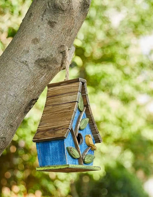 Load image into Gallery viewer, Farmhouse Solid Wood Hanging Birdhouse in Blue Green Yellow Brown
