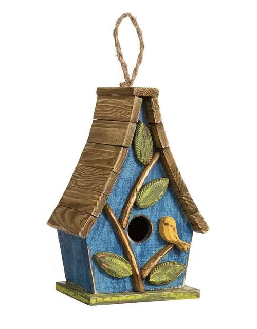 Load image into Gallery viewer, Farmhouse Solid Wood Hanging Birdhouse in Blue Green Yellow Brown

