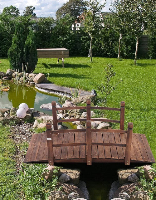 Load image into Gallery viewer, Outdoor 5-foot Solid Fir Wood Garden Bridge in Rustic Brown Finish
