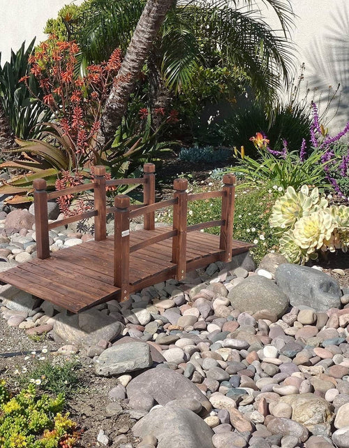 Load image into Gallery viewer, Outdoor 5-foot Solid Fir Wood Garden Bridge in Rustic Brown Finish
