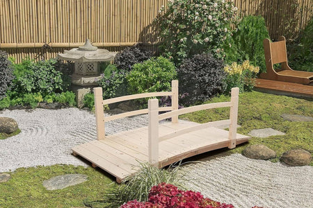 Outdoor 4-ft Wooden Garden Bridge with Rails in Natural Wood Finish