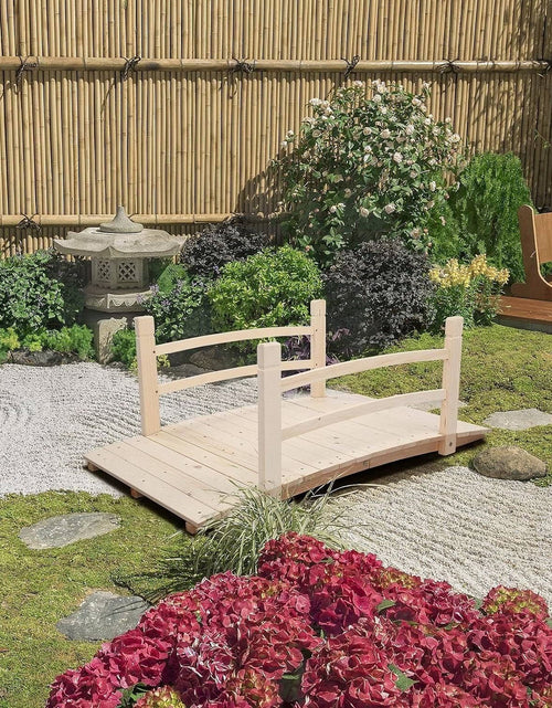 Load image into Gallery viewer, Outdoor 4-ft Wooden Garden Bridge with Rails in Natural Wood Finish
