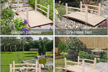 Outdoor 4-ft Wooden Garden Bridge with Rails in Natural Wood Finish