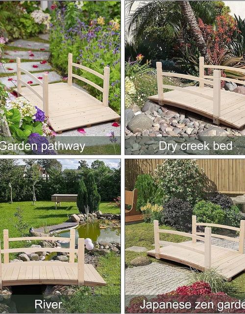 Load image into Gallery viewer, Outdoor 4-ft Wooden Garden Bridge with Rails in Natural Wood Finish
