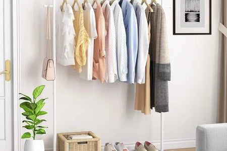 White Modern Garment Rack Clothes Hanging Rod with Lockable Wheels