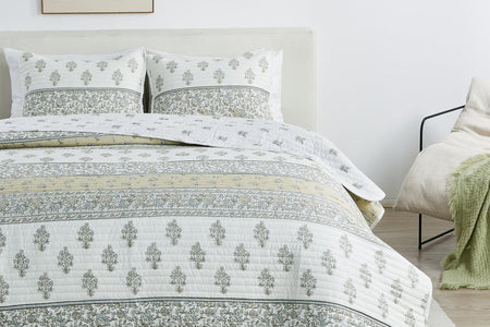 Floral Striped Microfiber Quilt Set - Hermine Collection